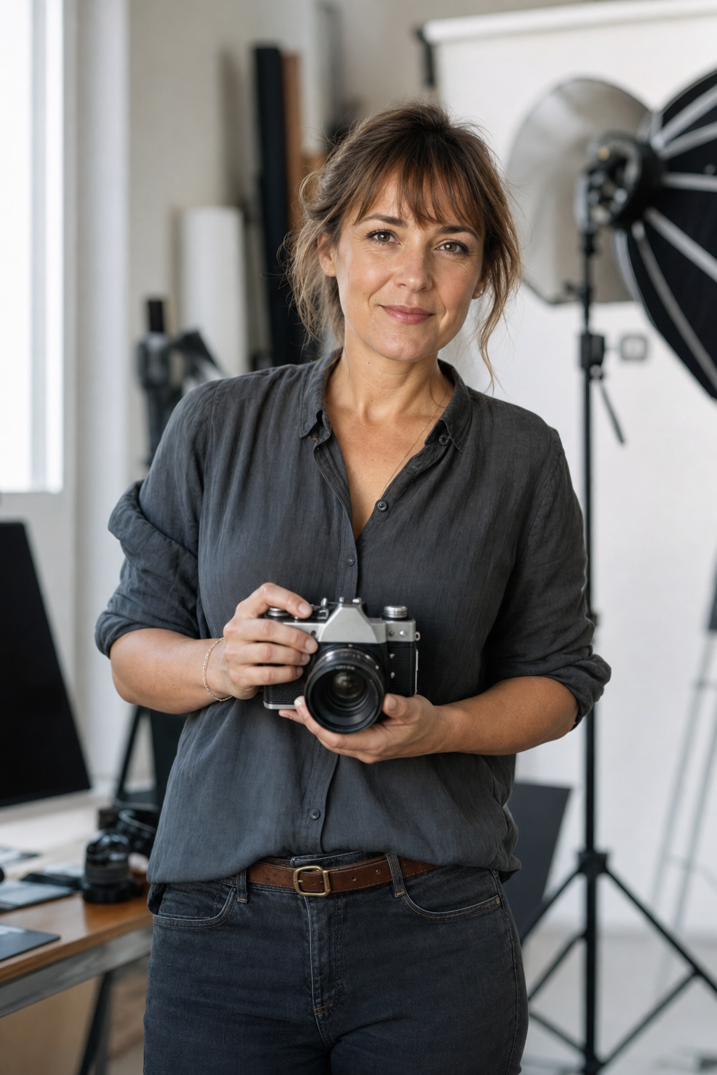 Léa Fontaine, photographe fondatrice du studio Négatif, avec son appareil argentique à Rouen