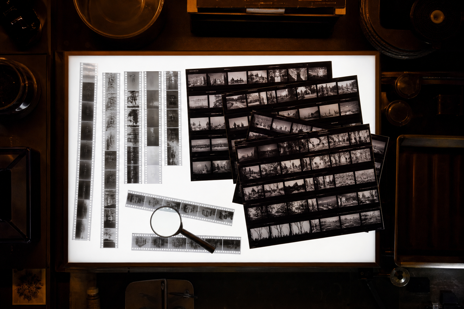 Table lumineuse avec planches-contacts et négatifs de pellicule au studio Négatif