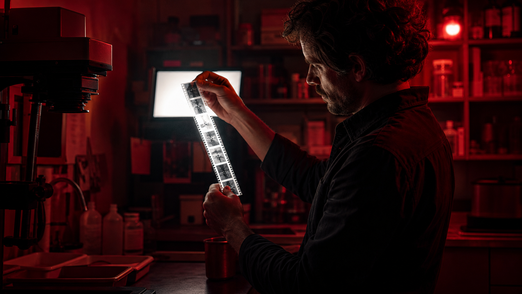 Photographe examinant une pellicule négative dans un laboratoire photo argentique éclairé en rouge, studio Négatif à Rouen