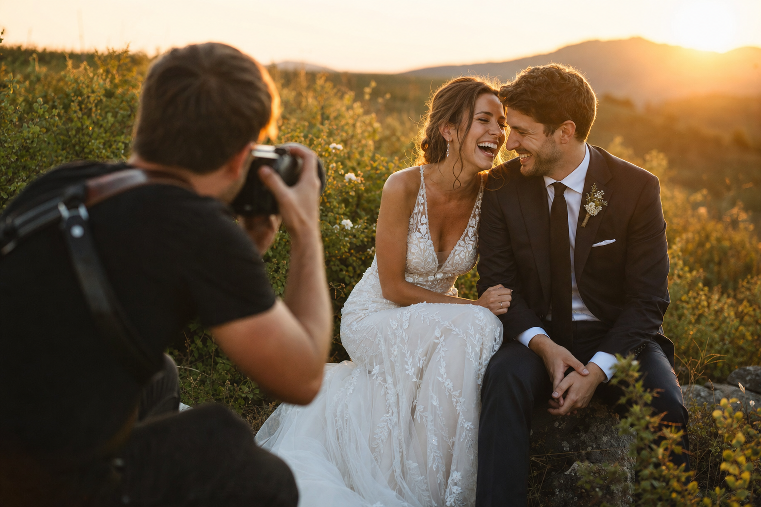 Photographe capturant un instant de mariage en extérieur à la lumière dorée près de Rouen